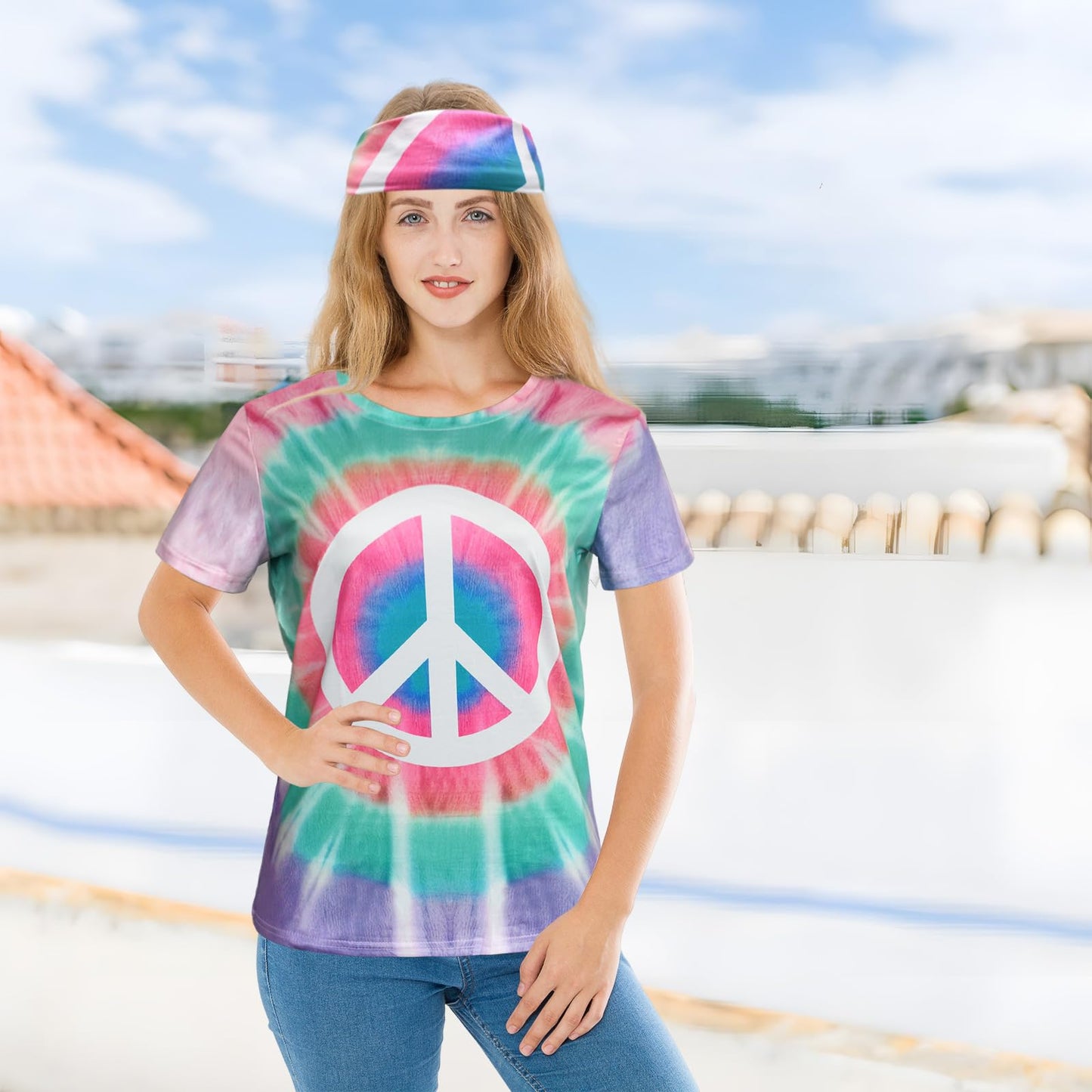 XonyiCos Hippie Costume for Women 60s and 70s colorful T-shirt and headband 2-piece theme party (Peace White Green Blue, X-Large)