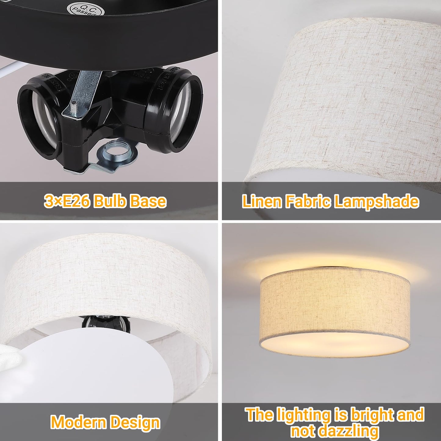12.6" Modern Close to Ceiling Light with Linen Fabric Drum Shade,3-Light Semi Flush Mount Ceiling Light Fixture,Drum Light Fixtures Ceiling Mount for Kitchen, Bedroom, Bathroom, Living Room, Hallway