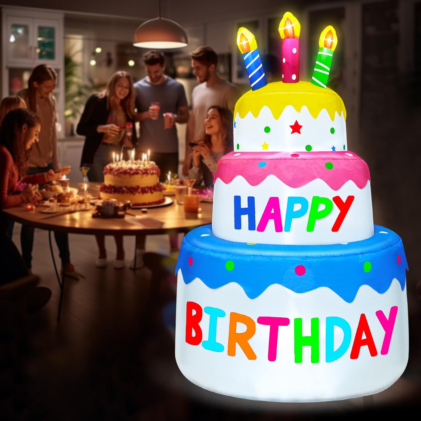 6 Ft Inflatable Happy Birthday Cake Decorations Outdoor Lighted Blow Up Holiday Birthday Party Decor with Candles 6 LED Lights for Indoor Home Celebration Garden Lawn Yard Prop Sign