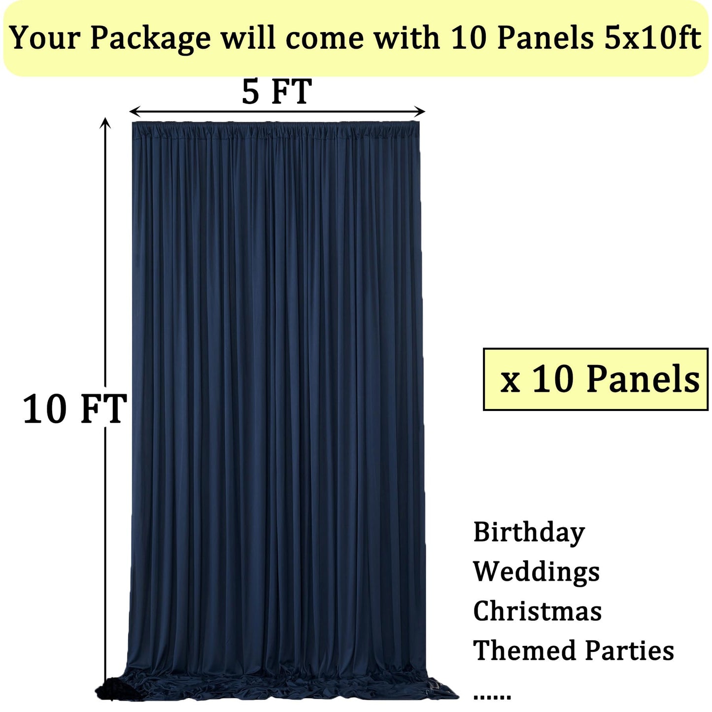 50ftx10ft Wrinkle Free Navy Blue Backdrop Curtains for Parties, 10 Panels 5x10ft Silky Polyester Blue Photo Backdrop Drapes for Weddings Birthday Party Graduation Photography Background Curtains