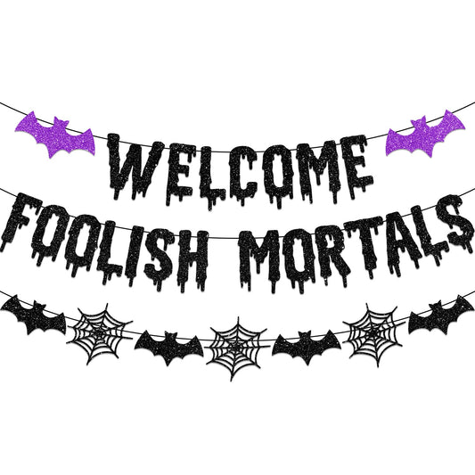 Welcome Foolish Mortals Halloween Banner Decorations Halloween Haunted Mansion Banner Wall Decorations with Bat and Spider for Halloween Party Decorations