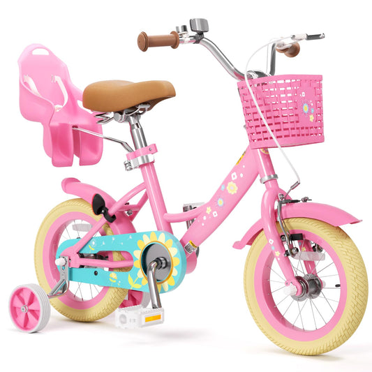 XJD Girls Bike for Toddlers and Kids Ages 2-12 Years Old,12 14 16 Inch Kids Bike with Training Wheels & Basket (12 Inch with Training Wheels, Flower Pink)