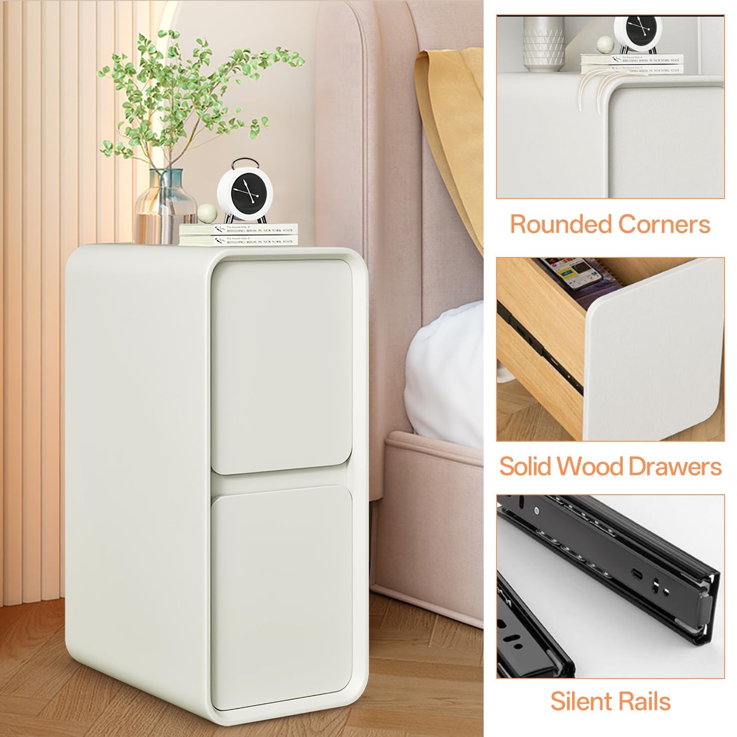 VVNO LIKK Narrow Nightstand, Solid Wood Night Stand for Small Spaces, Modern Cream Nightstand with 2 Storage Drawers, Slim Bedside Table for Bedroom Living Room (1pack)