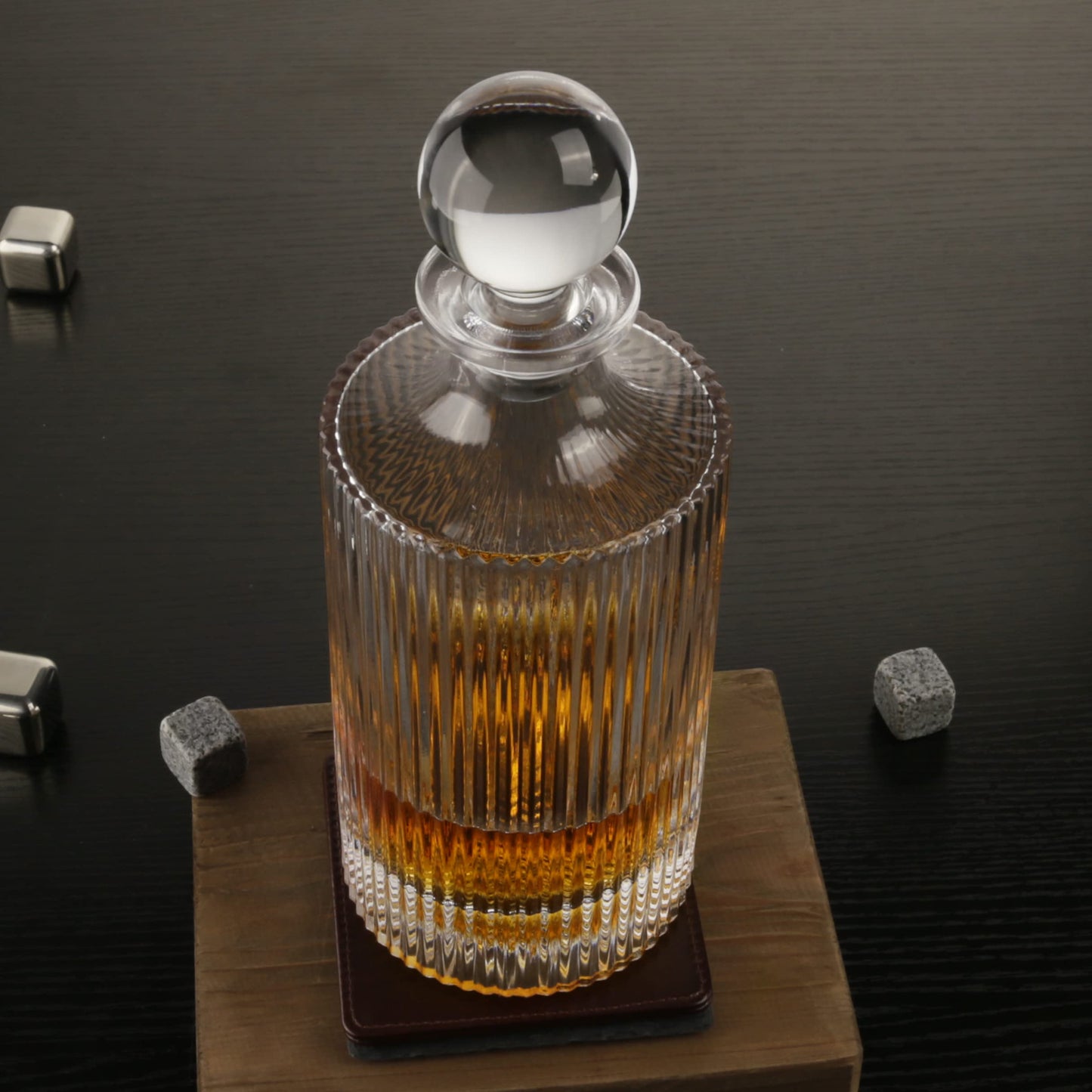 Whiskey Decanter and Glass Stopper 27 oz Round Ribbed Decanter for Whiskey, Bourbon, Brandy, Liquor, and Rum