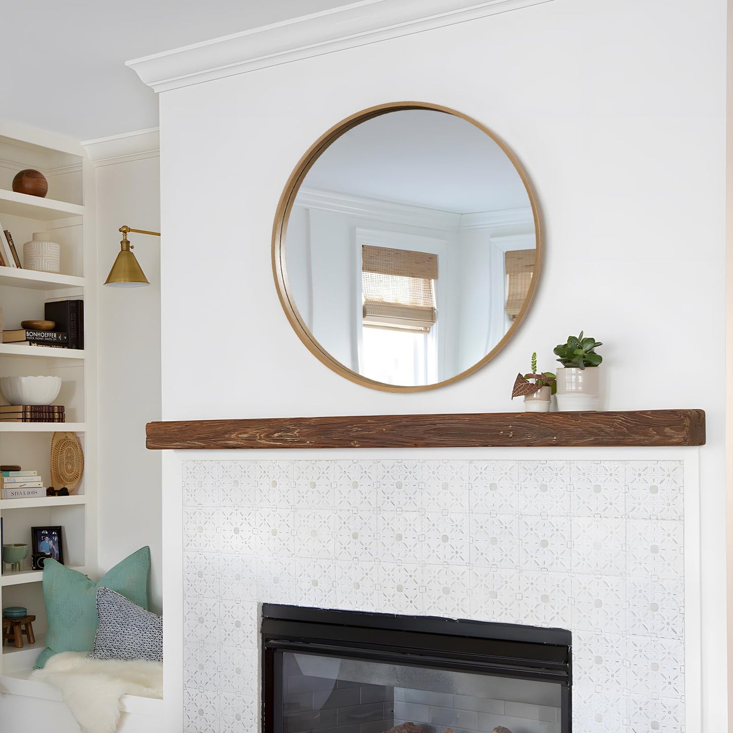 WallBeyond Round Wood Mirror 28" Circle Wall Mirror for Bathroom Round Wall Mirror for Wall Decor, Vanity, Entryway Living Room, Honey