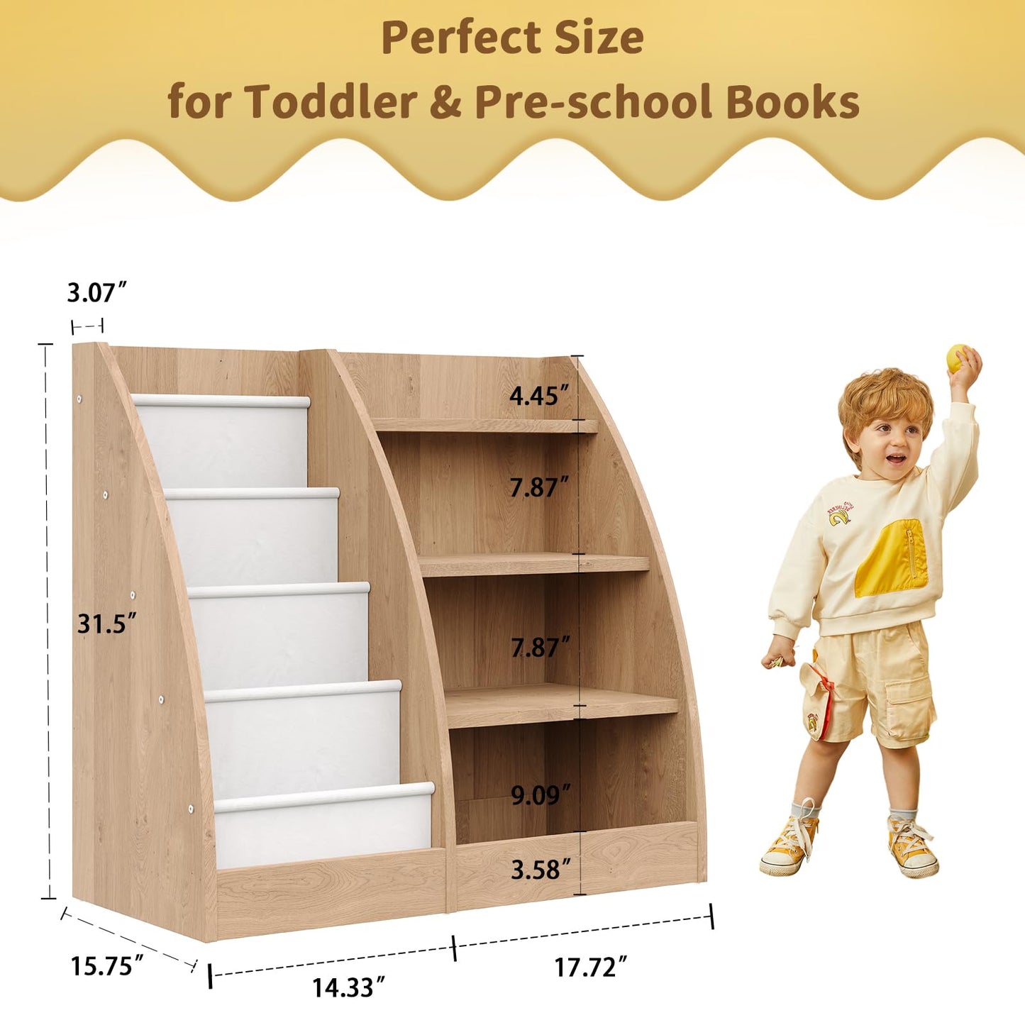 4 Tier Kids Bookshelf,4 Layer Sling Kids Book Shelf for Kids Rooms,Wood Children Bookcase,Baby Storage Book Rack,Toddler Bookshelf, Book and Toy Organizer,Book Display Shelf for Bedroom, Nursery