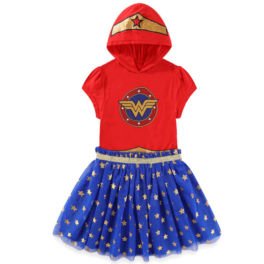 WARNER BROS Wonder Woman Girls Cosplay Hooded Tulle Dress for Toddler and Big Kids