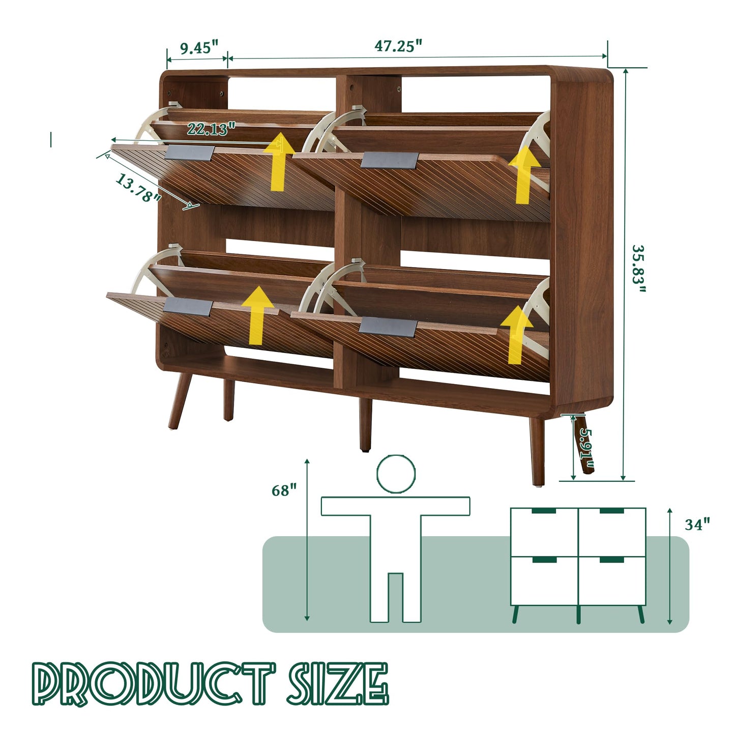 47" Fluted Large Shoe Cabinet with 4 Flip Drawers, Slim Freestanding Shoe Cabinet Organizer, Narrow Shoes Storage Rack for Entryway, 5 Sturdy Legs (Walnut, 9.45" D x 47.24" W x 35.83" H)