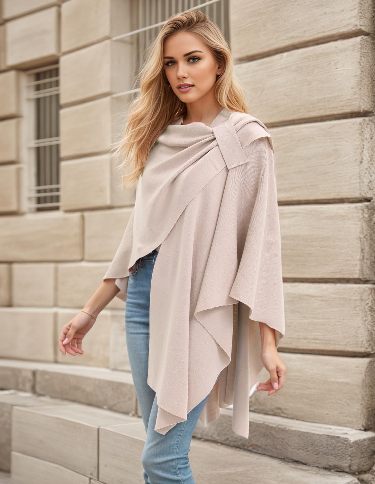 Womens Open Front Poncho Sweater Wrap Topper Knitted Elegant Shawls Cape for Spring Fall Winter,Series 1-Beige