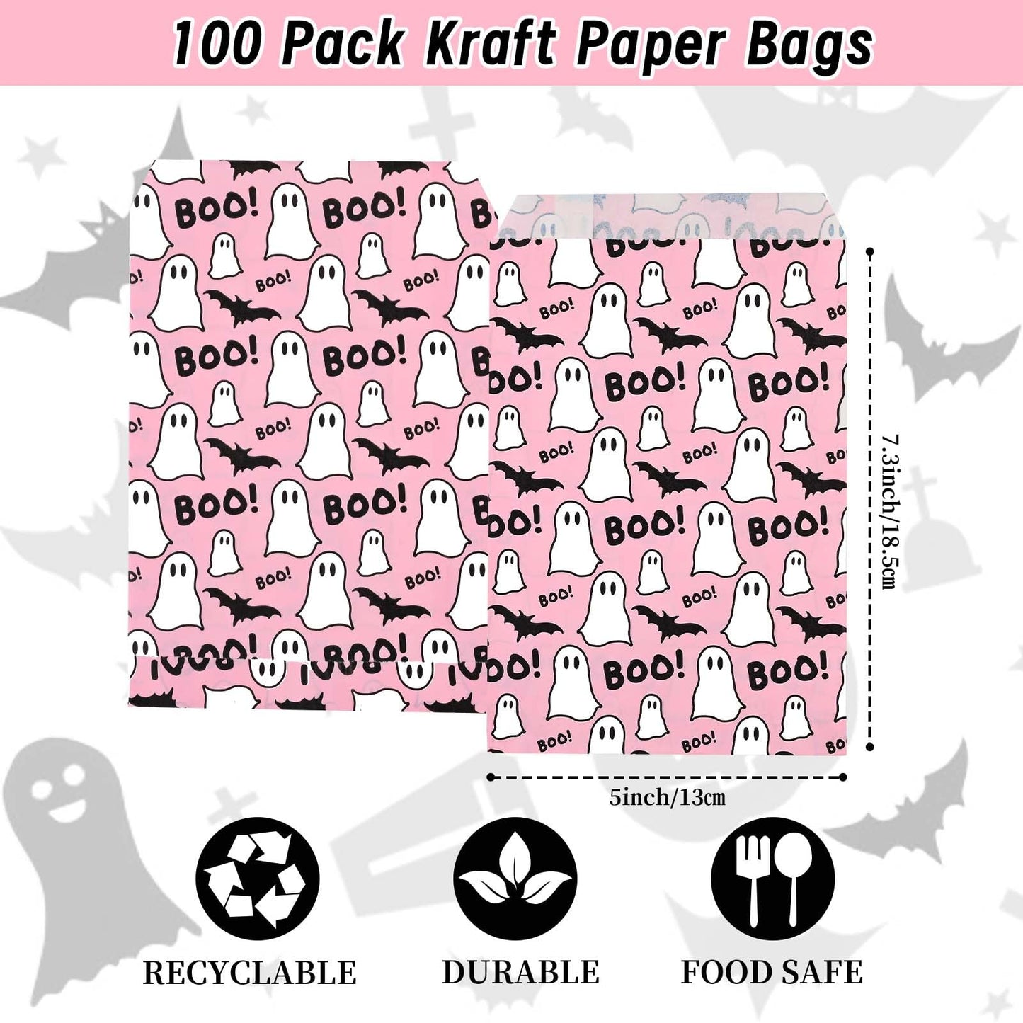 100pcs Halloween Treat Bags - Pink & Black Boo Ghost Paper Goodie Candy Bags for Trick or Treat Party Supplies