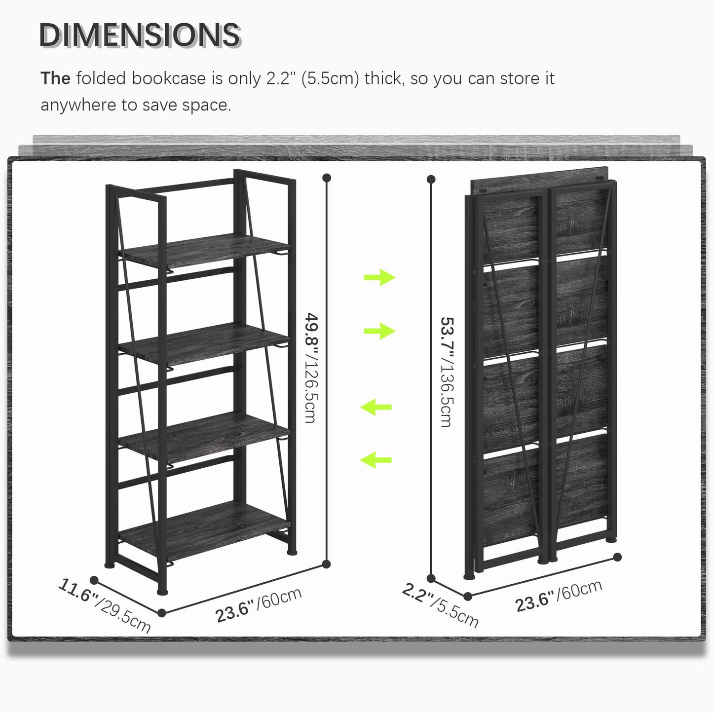 4NM No-Assembly Folding Bookshelf Storage Shelves 4 Tiers Vintage Bookcase Standing Racks Study Organizer Home Office (Gray Black)