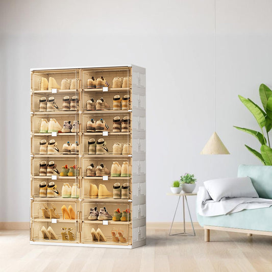 wesimple 32 Pairs Shoes Storage Cabinet of 3-Step Fast Installation,Plastic Shoe Box with Clear Magnetic Door for Display, Shoe Organizer for Sneaker, Sandals, Heels (2 Row, 8 Tier)