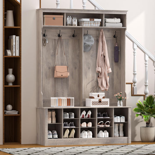 Wodeer Entryway Hall Tree with Bench and Shoe Storage, 53" Farmhouse 4-in-1 Mudroom Storage Organizer with Coat Rack, 6 Double Hooks, 12 Shoe Cubbies, Adjustable Shelf, for Hallway, Bedroom, Grey