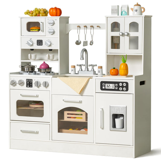 Wooden Play Kitchen for Toddlers and Kids with Lights & Sounds, Large Interactive Pretend Play Set with Ice Maker, Stove, Sink, Oven, 12 Accessories - Ages 3-8