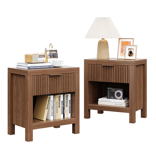 Vudanfe End Table Set of 2 with Storage, Small End Table, Wood Bedside Table with Drawer and Opening Storage, Nightstand Accent Table for Living Room, Bedroom, Walnut Oak