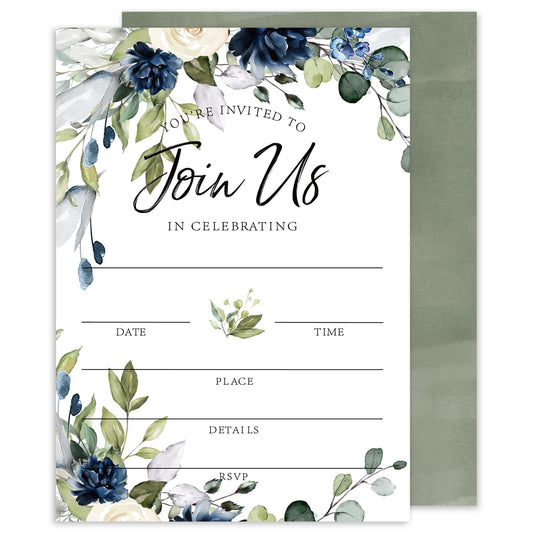 Whaline 25 Sets Floral Invitations with Envelopes Stickers Watercolor Blue Flower Invitation Cards Blank Invites for Wedding Reception Bridal Baby Shower Birthday Dinner Party, 5 x 7 Inch
