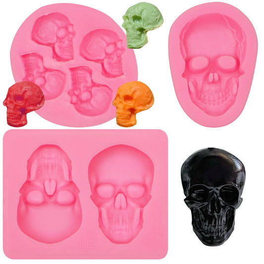 3D Skeleton Skull Halloween Silicone Fondant Molds 3 Pcs, Halloween Party Chocolate Candy Clay Moulds for for Cake Decoration Sugar Cupcake Topper Cake Pop Popsicle Polymer Clay Crafts