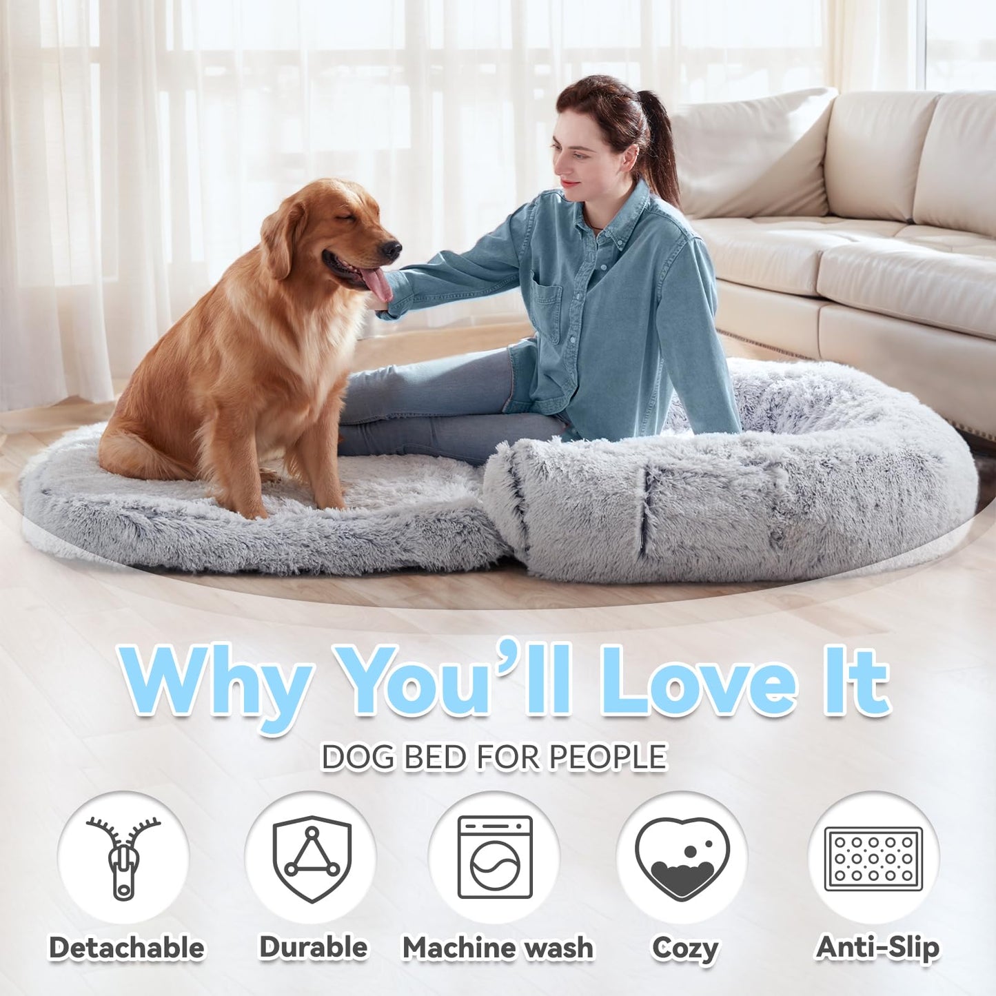 WROS Human Dog Bed, 72"x43"x10" Dog Beds for Large Dogs, Foldable Plush Washable Bed for People Doze Off, Orthopedic Pet Beds for Humans Size Fits You and Pets - Grey