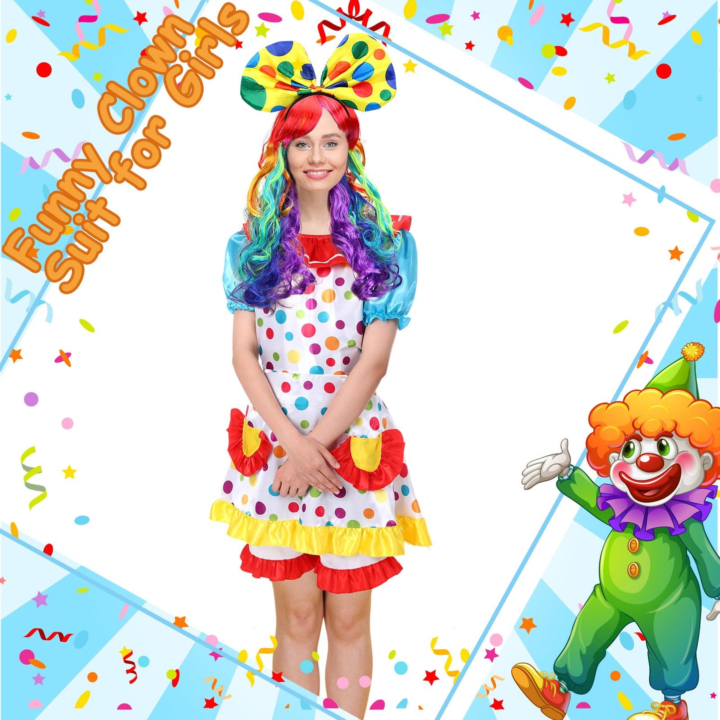 6 Pcs Clown Costume Set Women Circus Dress Rainbow Clown Wig Headband Nose Shorts Gloves for Halloween cosplay(Medium)