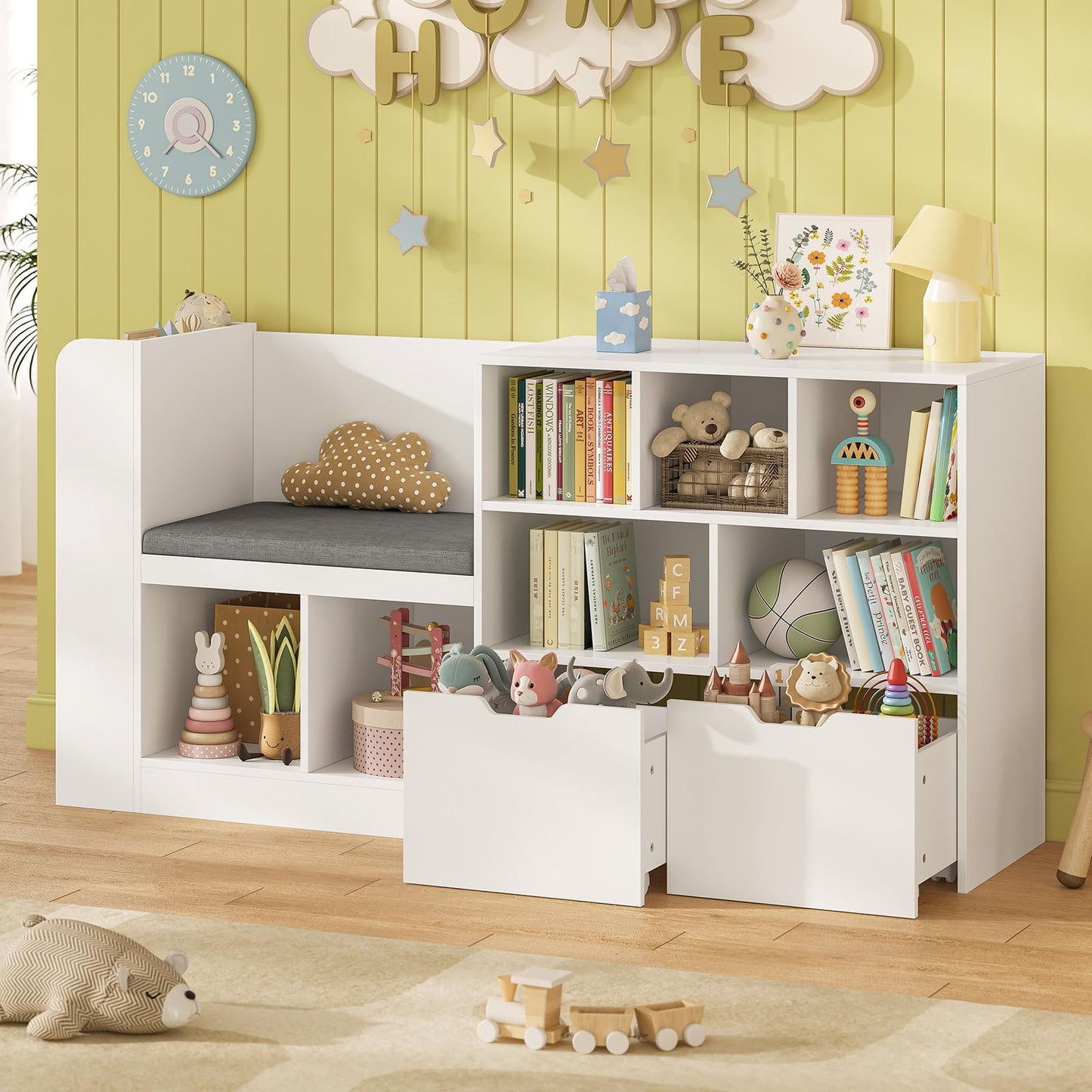 62.2” Kids Bookshelf with Reading Nook, Kids Bookcase with Seat Cushion and 6 Storage Cubbies, Side Shelves, Toy Storage with 2 Movable Drawers, Hidden Wheels, for Playroom and Bedroom, White