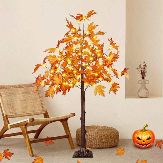 4FT Artificial Lighted Maple Tree, Fall Decorations for Home with Timer, 50 LED Prelit Fall Decor Maple Tree with Warm White Light for Indoor Outdoor Harvest Halloween Thanksgiving Day, Orange