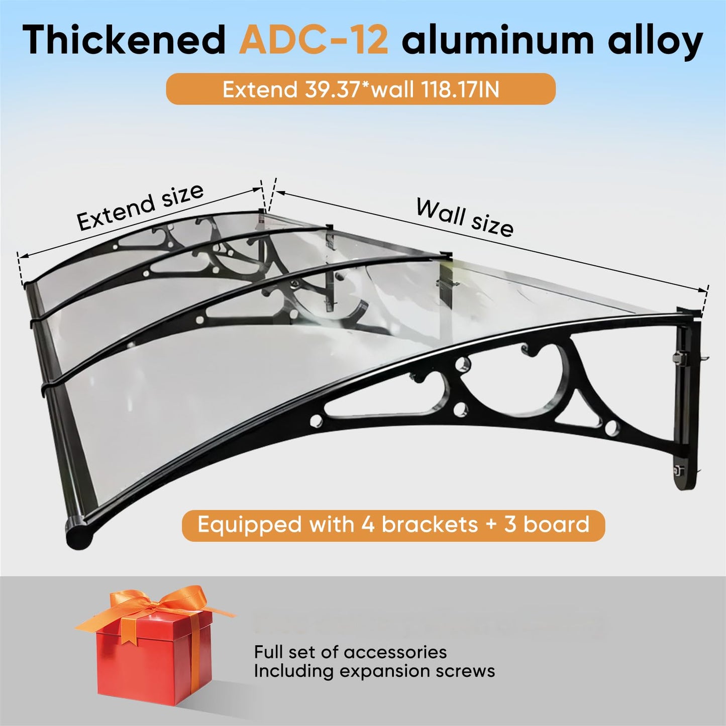 118.1'x39.4' Aluminum Patio Awning for Doors & Windows - Polycarbonate Roof Cover with UV Block, Waterproof & Snowproof Protection - Exterior Door Canopy Easy to Install (Crystal Clear)