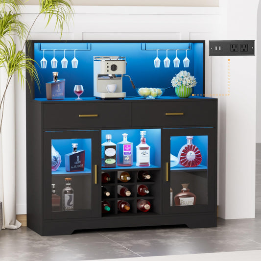 Wine Bar Cabinet with LED Light, Kitchen Coffee Bar Cabinet with Power Outlet, Home Liquor Cabinets with Glass Holder and Wine Racks, Modern Buffet Sideboard with Storage for Living Room, Kitchen