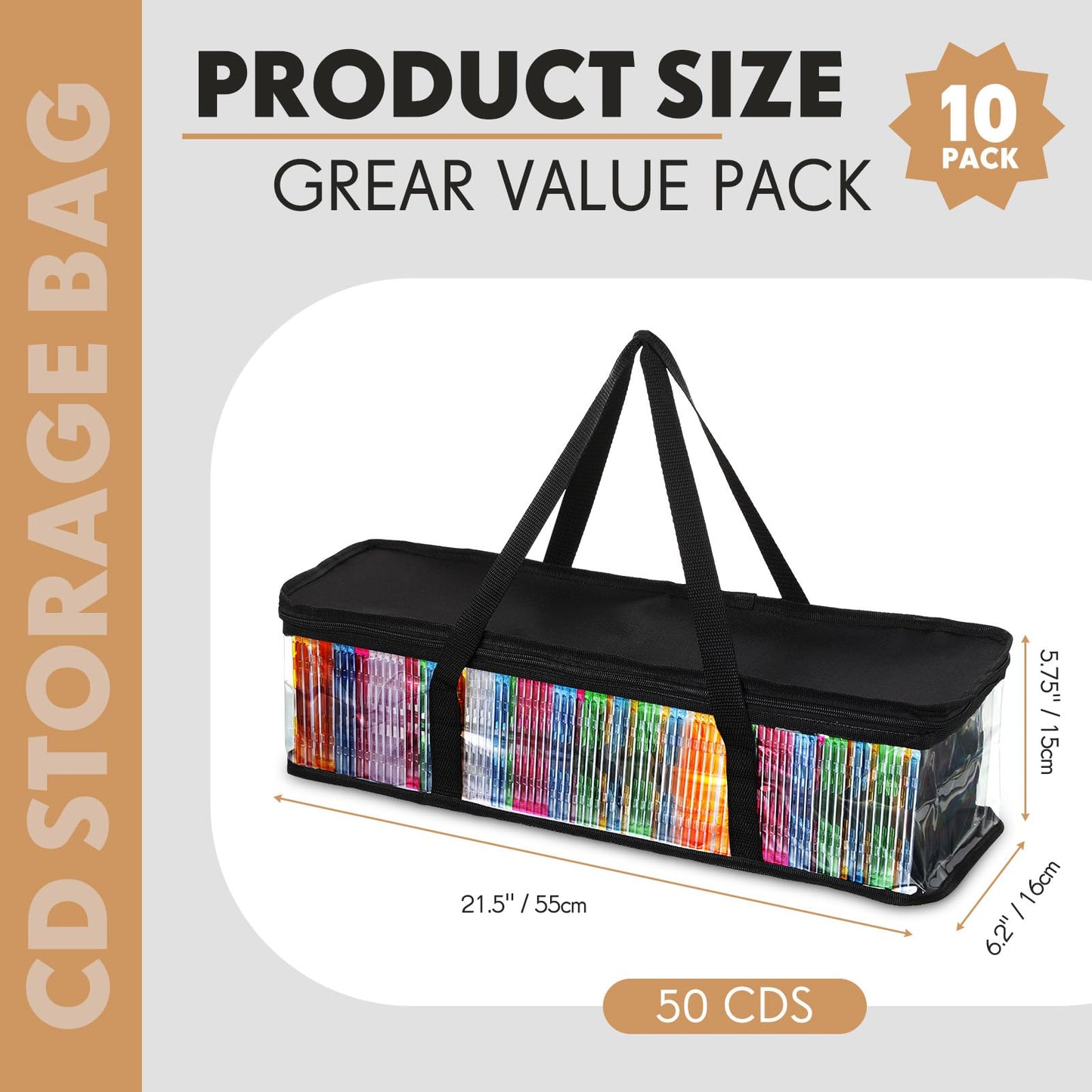 Woanger 10 Pieces CD Storage Bags Transparent PVC DVD Storage Cases Water Resistant CD DVD Holder with Handles and Zipper Clear Media Organizer for Albums Video Games(Black)