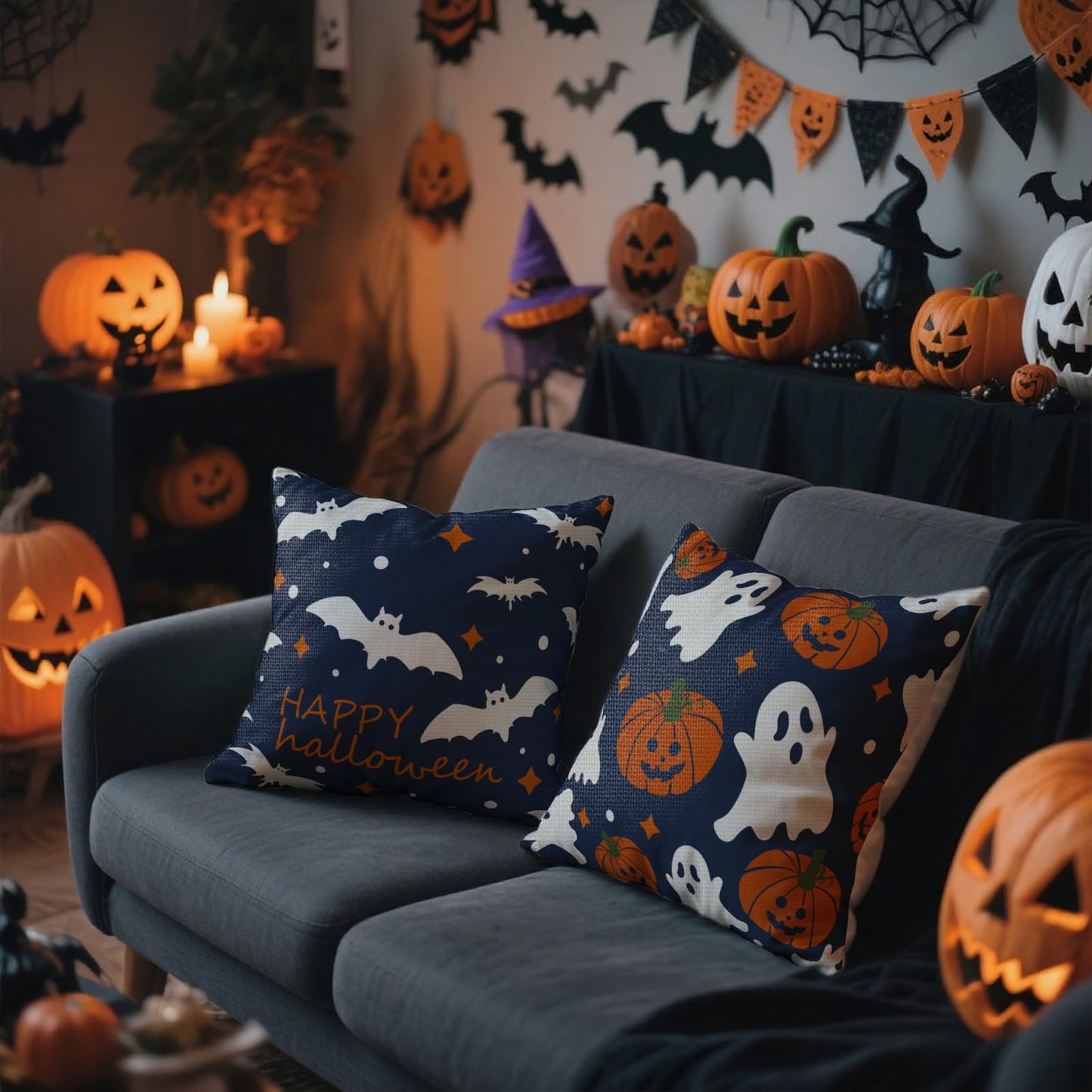 4Pcs Halloween Pillow Covers 18x18 Inch Cute Ghost Pumpkins Bats Decoration Pillow Covers Outdoor Happy Halloween Decoration Pillows Case for Room Sofa Patio Funiture Bedroom Couch Decor