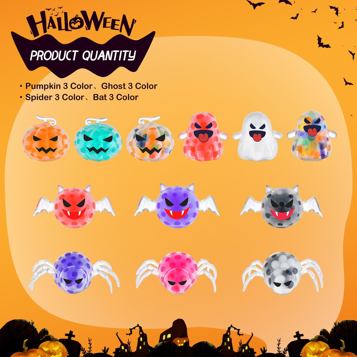 24Pack Halloween Mini Squeeze Balls Pumpkin Ghost Stress Ball Pack Perfect for Halloween Party Favors Halloween Treat Goody Bag Filler Gift