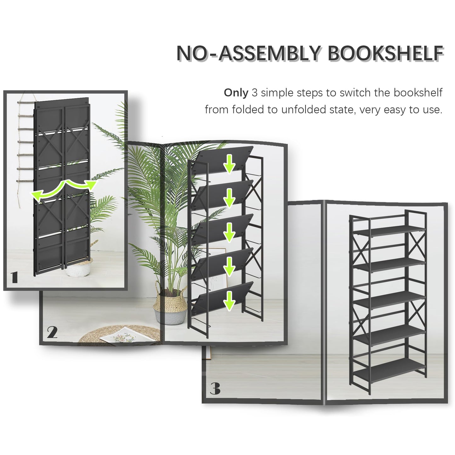 4NM 5 Tiers No Assembly Book Shelves, Black Folding Bookshelf Bookcase Open Industrial Foldable Shelves for Bedroom, Living Room, Home Office - All Black