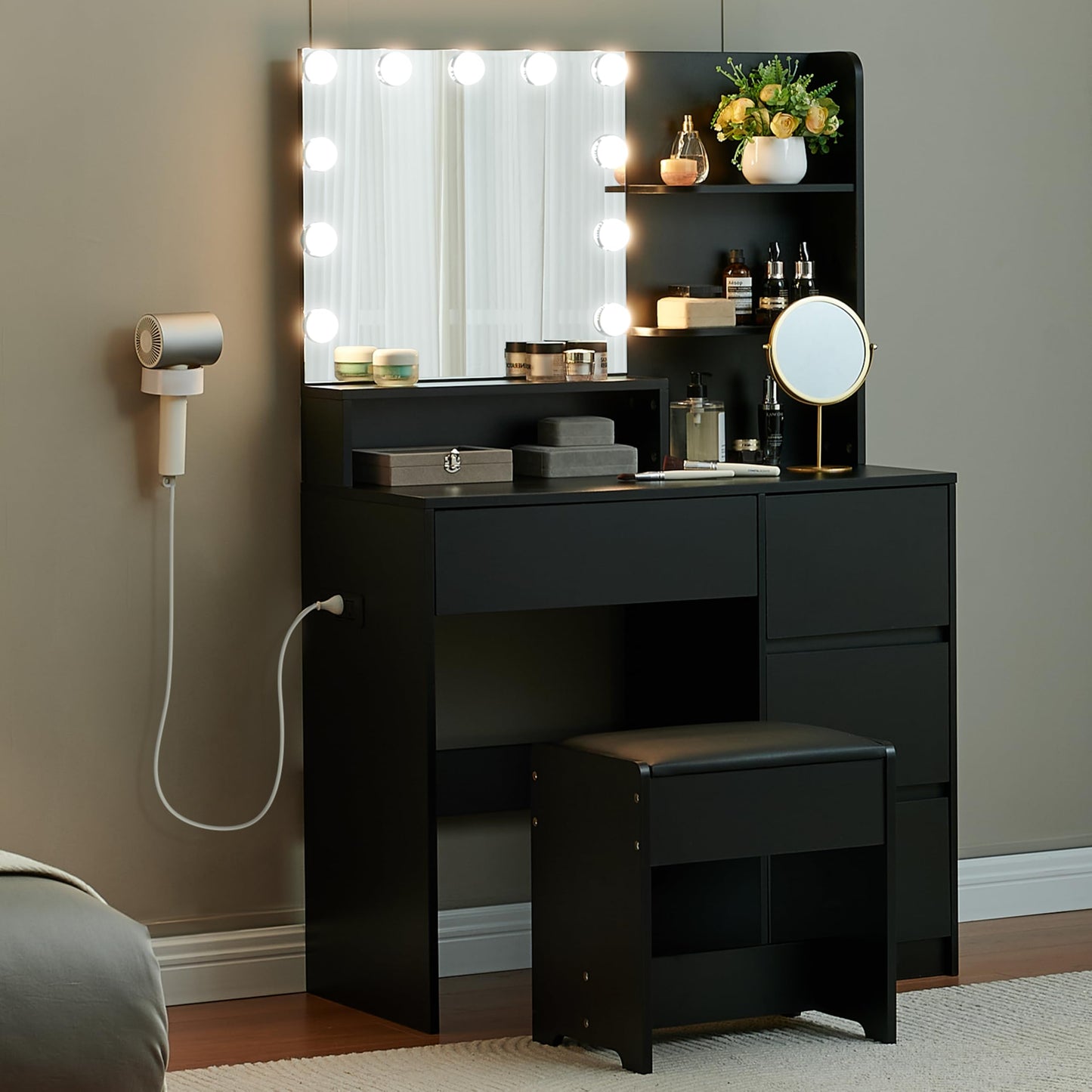 Alaxgumrol Black Vanity Desk with Mirror and Lights- Makeup Vanity Table Set with Power Outlet, 4 Drawers and Stool, Small Makeup Table with 3 Lighting Color Adjustable for Bedroom