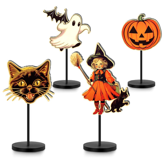 4 Pcs Vintage Halloween Decorations - Wood Pumpkin, Witch, Cat, Ghost Topper Sign for Table - Classic Orange and Black Party Table Centerpiece for Halloween Home Room Decor