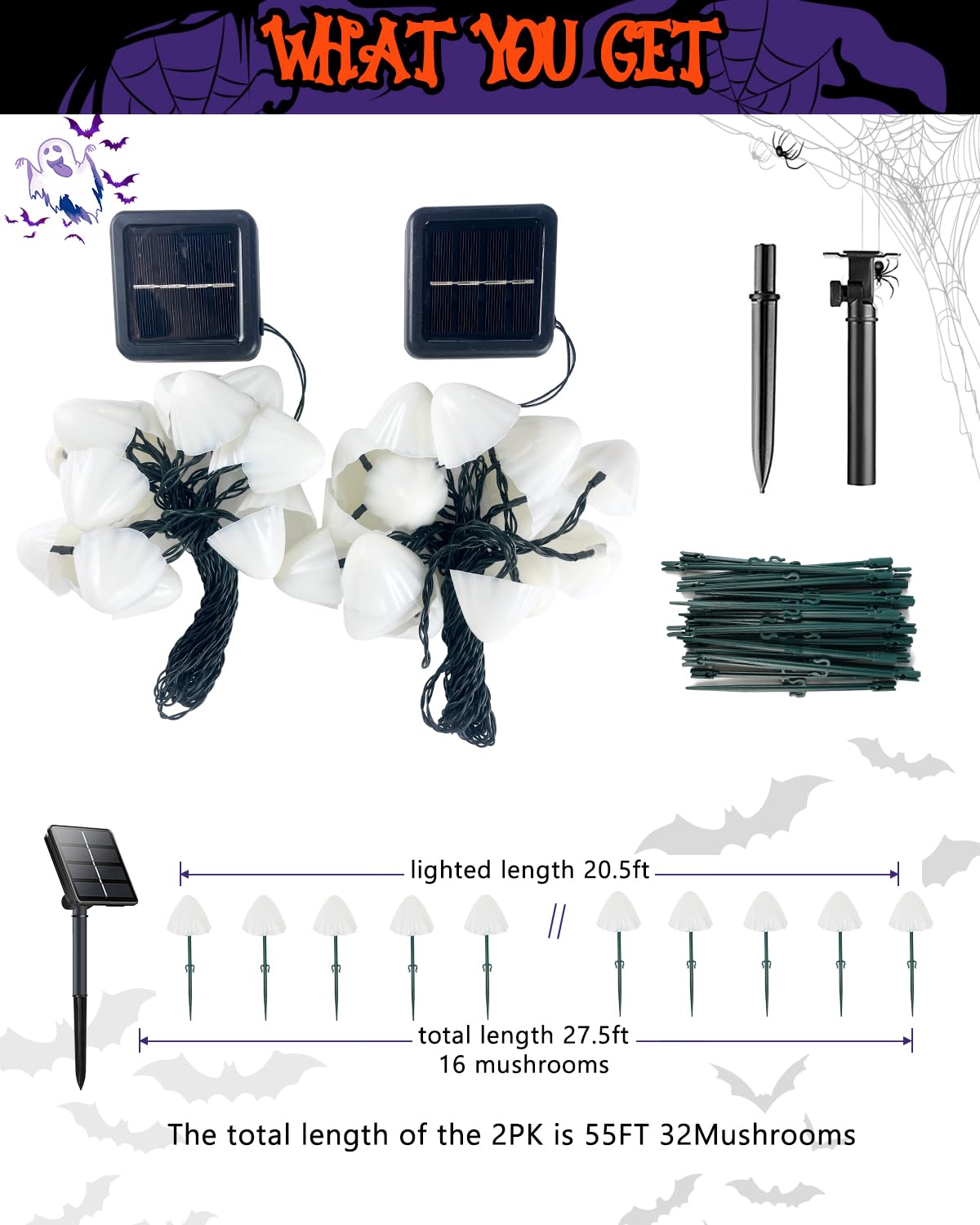 OZS 2PK 32LED 55FT Halloween Lights Mushroom Solar Lights, Halloween Decorations Outdoor with 8 Lighting Modes, Solar String Lights Waterproof for Outside Yard Party, Orange Purple & Green