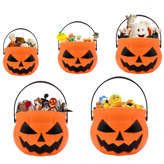 5 Pcs Halloween Pumpkin Candy Buckets - 5 Sizes Plastic Jack-O'-Lantern Sweet Snack Pails with Handles, Trick-or-Treat Candies Collection Party Favors, Halloween Goodie Bag Fillers for Kids