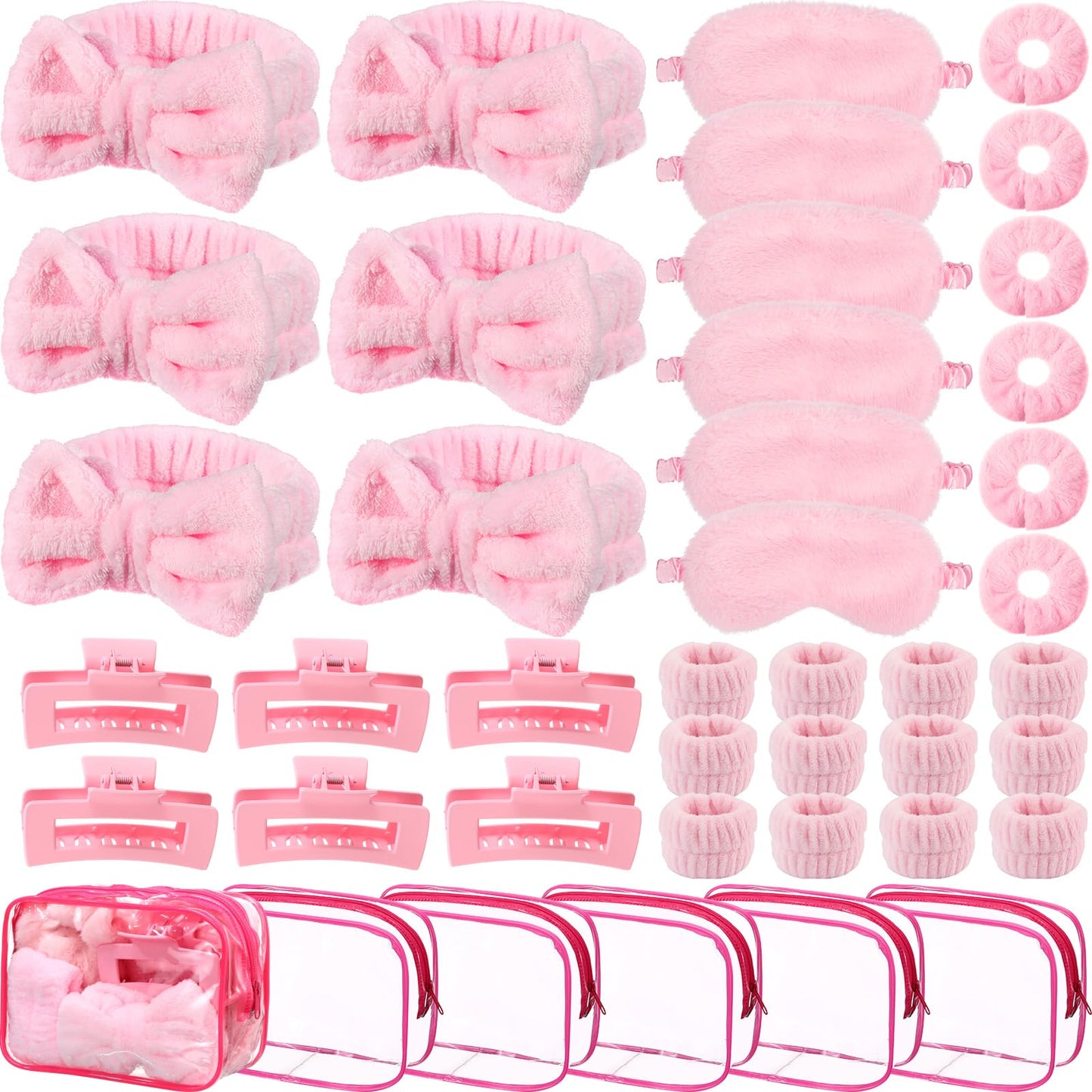 Wavyknot 42 Pcs Spa Sleepover Party Supplies Include 6 Sleep Eye Mask 6 Spa Headband 12 Wrist Washband 6 Velvet Scrunchies 6 Hair Claw Clips 6 Clear Cosmetic Bags for Girls Slumber Party Favors Gift