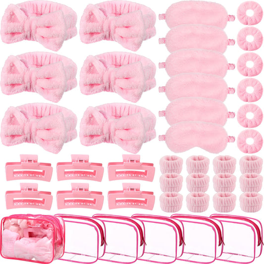 Wavyknot 42 Pcs Spa Sleepover Party Supplies Include 6 Sleep Eye Mask 6 Spa Headband 12 Wrist Washband 6 Velvet Scrunchies 6 Hair Claw Clips 6 Clear Cosmetic Bags for Girls Slumber Party Favors Gift