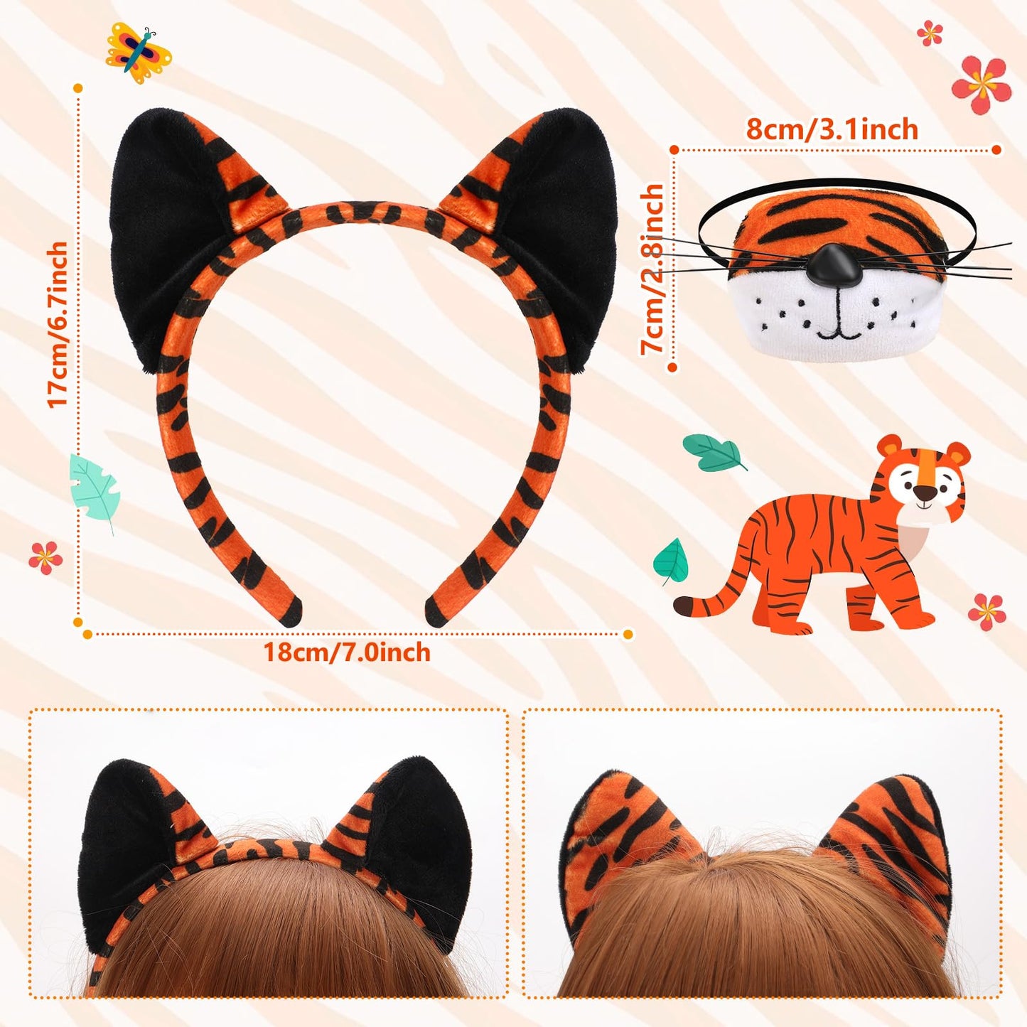 XEPST Animal Tiger Costume Set, Tiger Ears and Tail Set with Ears Headband Tail Nose Bowtie for Animal Costume Cosplay Birthday Party Halloween Fancy Dress Party Supplies, B