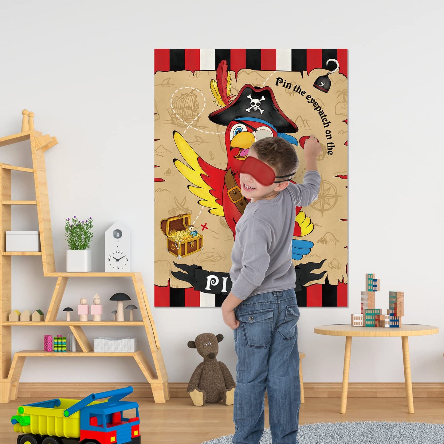 WERNNSAI Pin The Eye Patch on The Pirate - Kids Birthday Party Games Pirate Party Decorations for Kids Boys 28'' x 21'' Parrot Poster with 24 PCS Stickers Halloween Birthday Party Favor