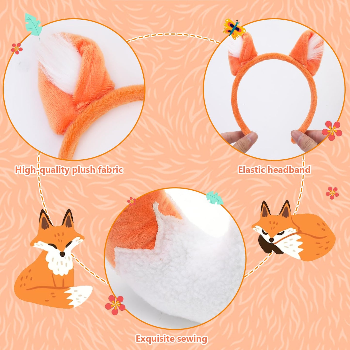 XEPST Animal Fox Costume Set, Fox Ears and Tail Set with Headband Tail and Mask for Animal Costume Cosplay World Book Day Birthday Party Accessories Halloween Costume Fancy Dress Party Supplies