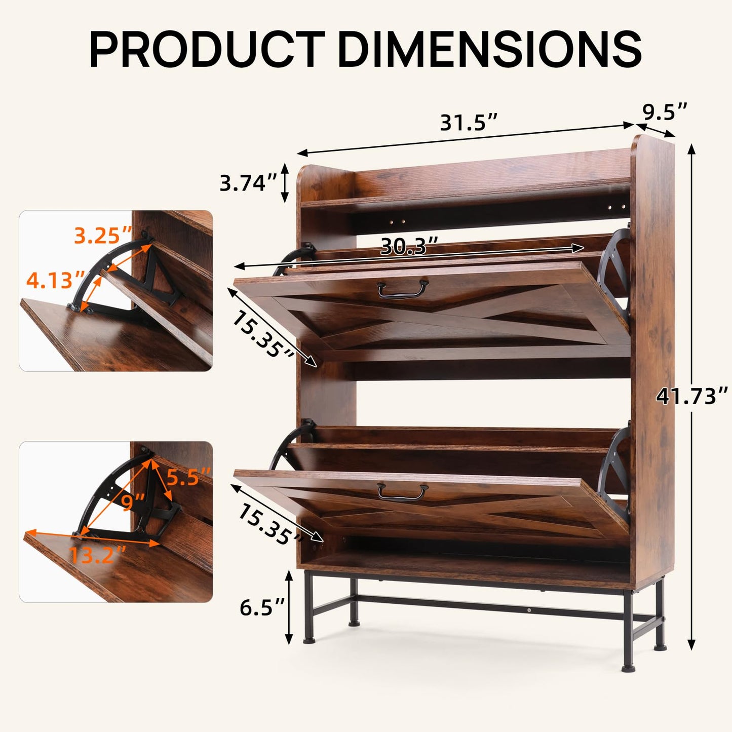 Walmokid Shoe Storage Cabinet for Entryway, Narrow Shoe Cabinet with 2 Flip Drawers, Freestanding Shoe Organizer with Open Storage for Living Room, Entryway, Foyer, Hallway(Rustic Brown,1 Pack)