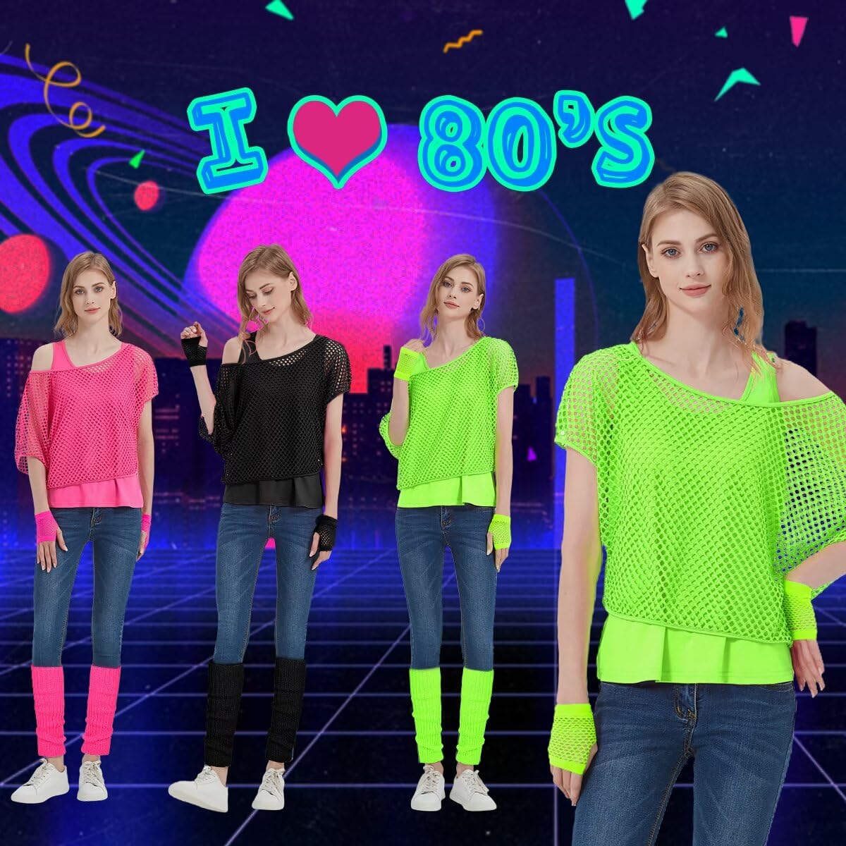 WILDPARTY Women Casual Sexy 80s Costumes Fishnet Neon Off Shoulder T-Shirt Two Pieces, Fishnet Gloves, Legwarmers 80s Outfits for Women 80s Costume Accessories for 80s Party (Green XXL)