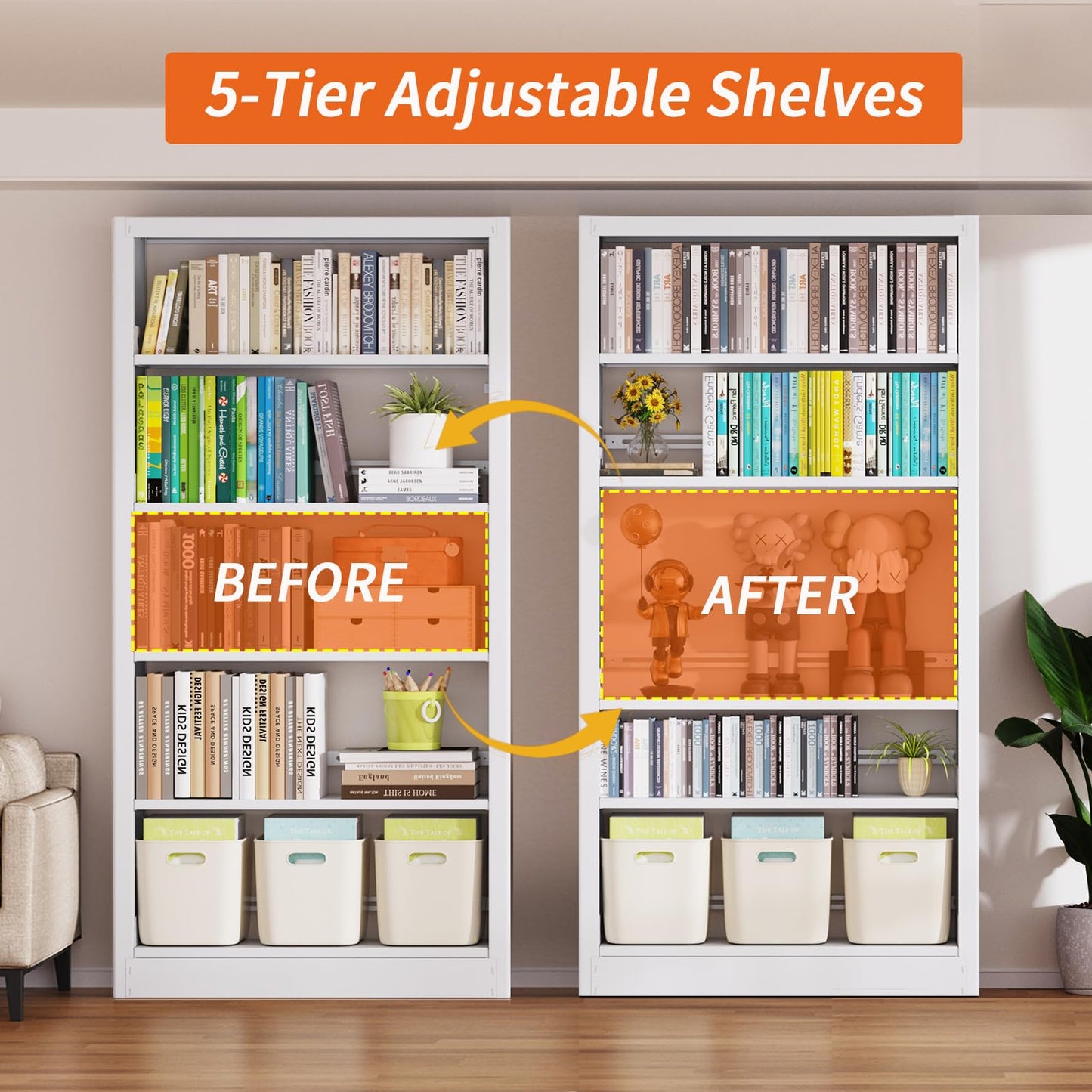 71” Tall White Metal Bookshelf, 5 Tier Bookcase with Adjustable Storage Shelves, Heavy Duty Book Shelf with Bookends, Freestanding Open Large Book Case for Living Room, Study, Library, Office