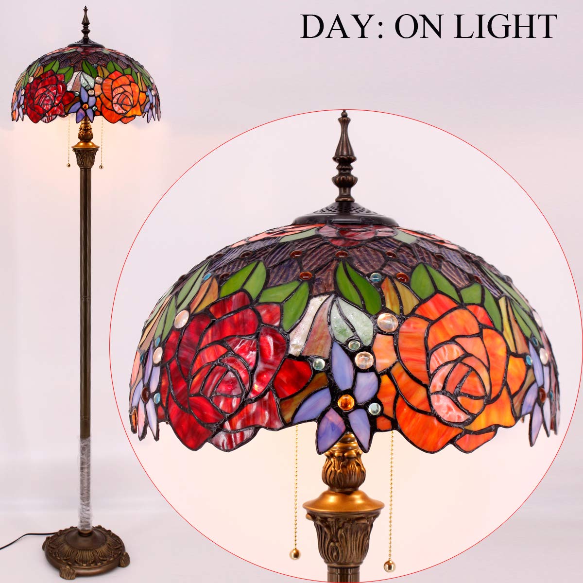 WERFACTORY Tiffany Floor Lamp Red Yellow Rose Stained Glass Standing Reading Light 16X16X64 Inches Antique Pole Corner Lamp Decor Bedroom Living Room Home Office S001 Series