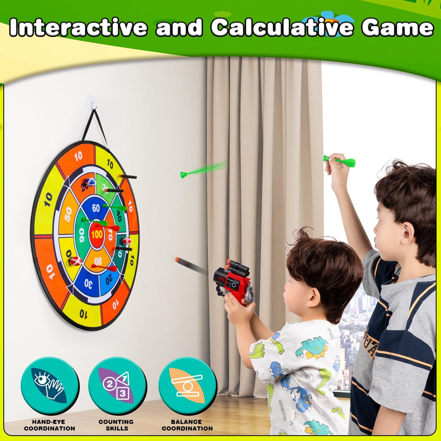 29" Dart Board for Kids - Double Sided Shooting Games with 2 Toy Guns, 6 Sticky Balls and Darts, Indoor Outdoor Party Sport Toys for 3 4 5 6 7 8 Years Old Boys Girls