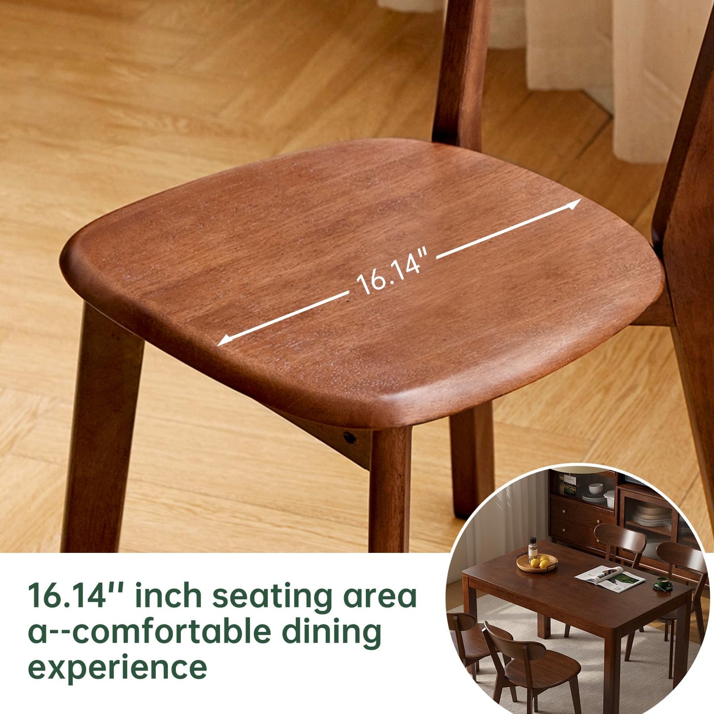 100% Solid Wood Dining Chairs Set of 4, Mid Century Modern Dining Chairs with Curved Backrest, Wooden Desk Chair with Solid Rubber Wood Frame for Kitchen, Dining Room, Study, Living Room, Walnut (4PK)