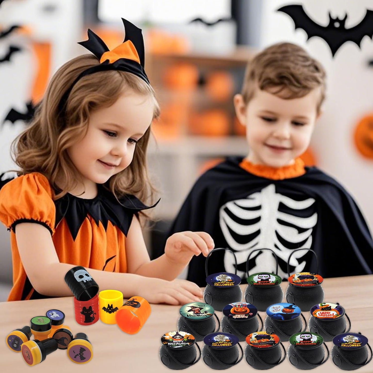 168 PCS Halloween Party Favors 24 Pack Prefilled Small Plastic Witch Cauldron Toys in Bulk Halloween Prizes Gifts Miniatures for Kids Trick or Treat,Halloween Miniatures Novelty Toys