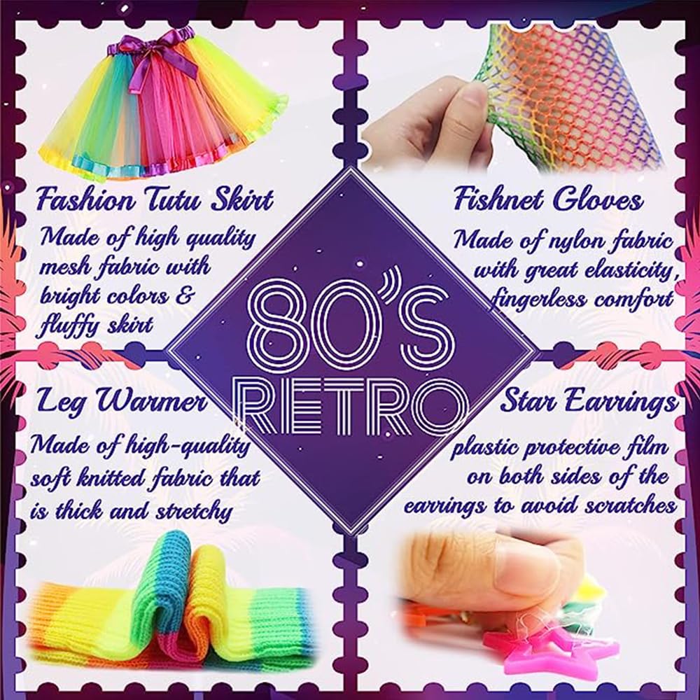 80s Costume Neon Outfits Accessories Set Women Fancy Dress Rainbow Tutu Leg Glove Necklace Headband Earring Glasses