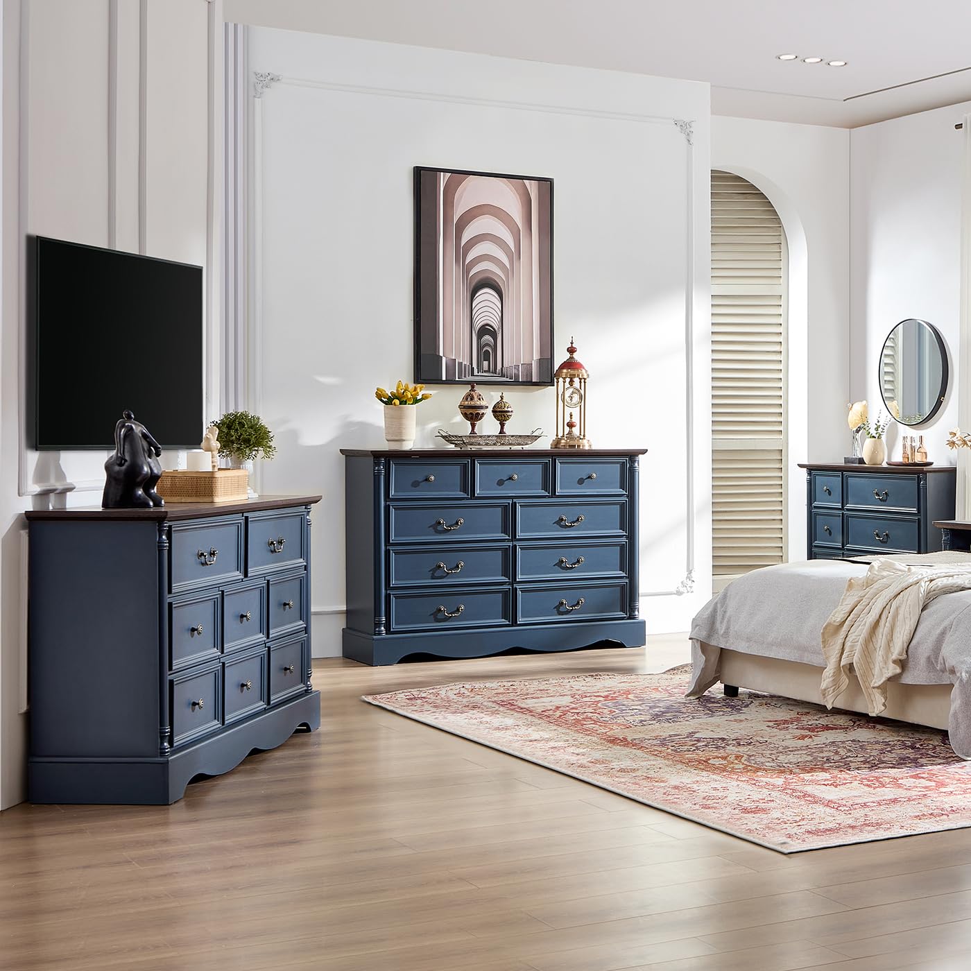 8 Drawers Dresser, 54" Wide Farmhouse Chest of Drawers with Charging Station, Refined Blue Finish Design, Modern Storage Dressers Organizer TV Stand for Bedroom, Living Room, Hallway, Indigo Blue