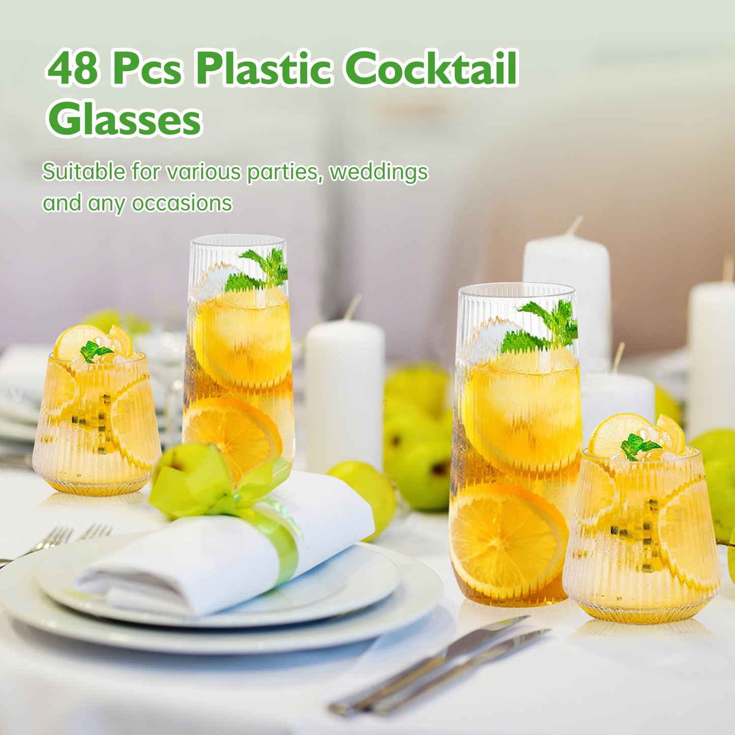 48 Pcs Plastic Wine Glasses Disposable Ribbed Cocktail Cups Set 12 OZ Unbreakable Stemless Champagne Flutes 9 OZ Origami Shatterproof Reusable Clear Party Cup for Wedding, Home, Office, Bar, Drinking